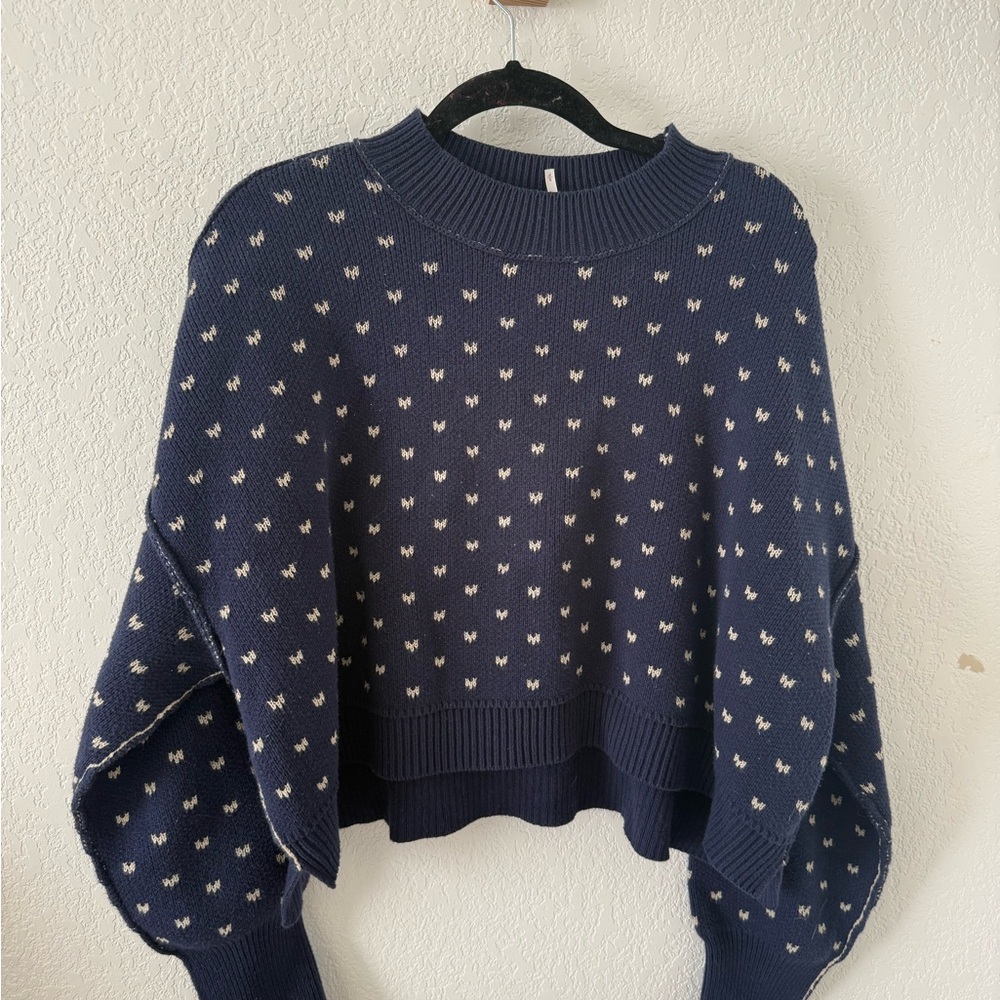 Free People Navy Sweater with Cream Dot Pattern